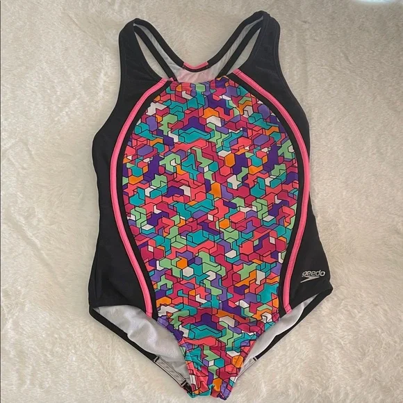 Speedo Black One-Piece Swimsuit with Geometric Design SZ 12 - Picture 1 of 4
